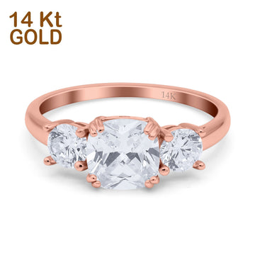 14K Rose Gold Cushion Three Stone Bridal Wedding Engagement Ring Simulated CZ Size-7